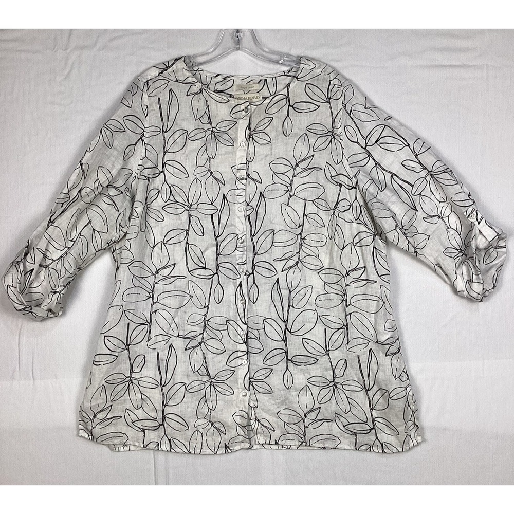 Cynthia Rowley Floral Linen Button Up Shirt Top Roll Tab‎ Sleeve Women Size 1X